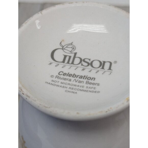 Footed Coffee Mugs Cups Set 2 Gibson Celebration Gold Snowflakes Holiday - Picture 7 of 7